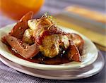 Chicken drumstick with bacon and pears