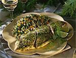 Salmon with white wine ,lime and dill and semolina with vegetables