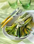 Leeks with french dressing and parmesan flakes