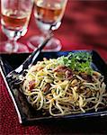 Spaghetti with anchovies,chopped parsley and pine nuts