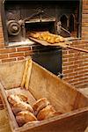 Bringing bread loaves out of the oven