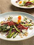 Fried wild asparagus and duck ham,soft-boiled egg and pine nuts