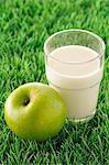 Glass of milk and Granny smith apple