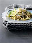 Quinoa tabbouleh with halibut and herbs