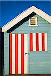 Australia, Victoria, Melbourne.  Colourful beach hut at Brighton Beach.