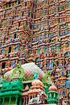 India, Madurai. The stunning and newly renovated carvings on the Meenakshi Sundereshwara Temple.
