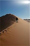 Namibia, Sossusvlei. A tourist treks down one of the famous Sossusvlei sand dunes.