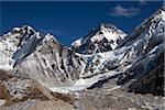 Nepal, Everest Region, Khumbu Valley.   Looking over the Everest Base Camp area towards Everest itself