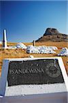 White stone cairns and memorials to British soldiers at Isandlwana, Thukela, KwaZulu-Natal, South Africa