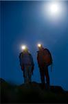 Gilar Farm, Snowdonia, North Wales.  Man and woman trekking at night by headtorch and moonlight.