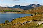 UK, North Wales, Snowdonia.  The Snowdon Horseshoe rises above  Llyn Mymbyr.