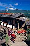 Einer örtlichen Ladenbesitzer trocknet rote Chilischoten auf dem Dach seines Hauses, ist eine der häufigsten Sehenswürdigkeiten in Bhutan.Paro Bhutan die zweitgrößte Stadt.Das westliche Ende des Paro-Tal ist nur 20 km von der tibetischen Grenze und seit Jahrhunderten hat es den ersten Punkt der Einreise Bhutan für die Tibeter.