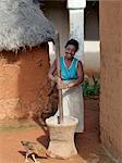 A Malagasy woman grinds corn using a wooden pestle and mortar at an attractive Malagasy village of the Betsileo people who live southwest of the capital, Antananarivo.Most houses built by the Betsileo are double storied with kitchens and living quarters located on the first floor.Livestock is often kept in the ground floor of a house overnight.