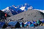 Tibet, Chomolungma, Rongbuk Glacier.Mount Everest base camp.Mountaineering expeditions camped on the moraines of the Rongbuk Valley below Mount Everest, known locally as Chomolungma.