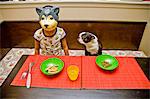 boy wearing dog mask at table