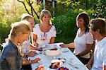 Five friends having a cake during midsummer, Stockholm archipelago, Sweden.