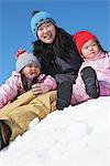 Mère avec ses deux filles dans la neige