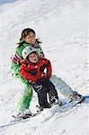 Mother Skiing With Her Son