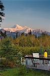 Woman stands at the Alaska Veteran's Memorial scenic overlook viewing the southside of Mt. Mckinley and Alaska Range near the George Parks Highway, Southcentral Alaska, Autumn