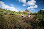 Woman hiking in the Glen Alps area of Chugach State Park, Hidden Lake and the Ramp Trail, Chugach Mountains, Southcentral Alaska, Autumn