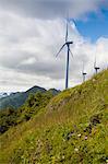 Wind turbines on Pillar Mountain for the Pillar Mountain Wind Project, operated and owned by the Kodiak Electric Association, Kodiak Island, Southwest Alaska, Summer