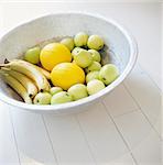 Green apples, melons and bananas in bowl