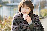 Japanese Women Eating Dim Sum And Wearing Shawl