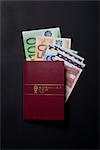 Euro bills and a passport, close-up.