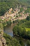 An aerial view of the Dordogne River and La Roque-Gageac from Les Jardins de Marqueyssac, Dordogne, France, Europe