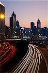 City skyline with IFC Tower at dusk, Hong Kong, China, Asia