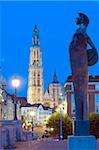 Night illumination, tower of Onze Lieve Vrouwekathedraal, Antwerp, Flanders, Belgium, Europe