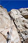 Climbers on a ladder on a rock face above Mer de Glace, Mont Blanc range, Chamonix, French Alps, France, Europe