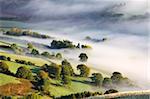 Mist covered rolling countryside in the Usk Valley, Brecon Beacons National Park, Powys, Wales, United Kingdom, Europe