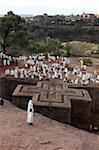 Pilgrims outside Bieta Ghiorghis (St. George's House) church in Lalibela on a Sunday, UNESCO World Heritage Site, Lalibela, Wollo, Ethiopia, Africa