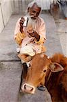 Sadhu and holy cow, Rishikesh, Uttarakhand, India, Asia