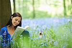 Woman reading in field of flowers