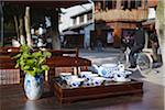 Chinese tea set on table at teahouse on Pingjiang Road, Suzhou, Jiangsu, China