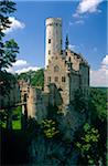 Germany, Baden-Wurttemberg, Swabia, Lichtenstein. Built in the 1840s by Count Willhelm, 1st Duke of Urach, Lichtenstein Castle's neo-gothic design was never intended as a serious fortification but rather a romantic folly.