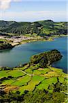 Sete Cidades volcanic lake and village. A big crater with 12 kilometers in perimeter, one of the most visited sites in Sao Miguel. Azores islands, Portugal