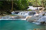 Thailand, Kanchanaburi, Kanchanaburi.  Erawan falls in the Erawan National Park.