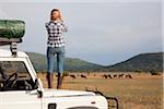 Tanzania, Serengeti. A tourist stands on the bonnet of her Land Rover to look at the wildebeest.