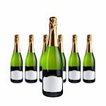 Champagne bottles with blank label for add text, over a white background. Focus at front