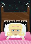Little girl in bed, scared of the dark and imagining her bed's become a monster