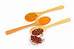 Assortment of spices in the spoons for prepare tasty food with shadow over a white background