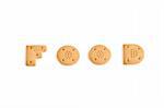 the word FOOD spelled in letter cookies and isolated on white background