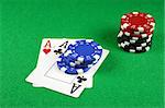 Playing cards showing a pair of aces with poker chips next to them