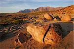 Landscape with granite boulders at sunrise, Brandberg mountain, Namibia
