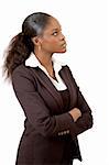 This is an image of a businesswoman pondering/thinking. This image can be used to represent "Thought" themes and "Planning" themes.