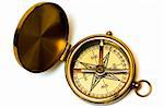 Old style brass compass on white background