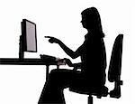 isolated on white silhouette of woman working computer - pointing screen